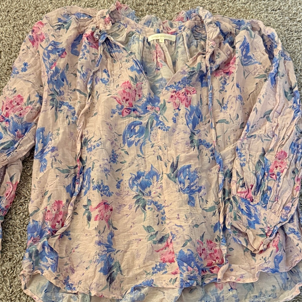 LoveShackFancy Pink and Blue Floral Blouse